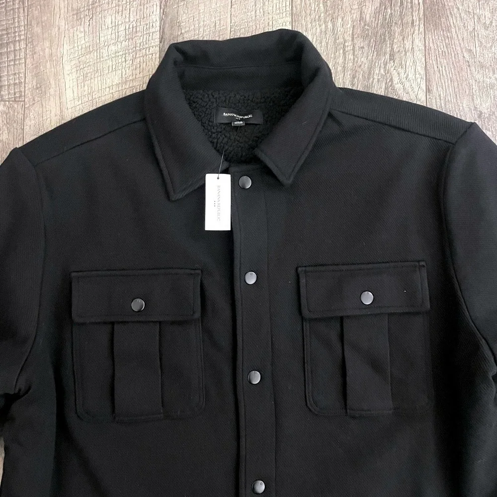 Banana Republic Mens Sherpa Lined Shirt Jacket Black Twill‎ Snap Front Large NWT